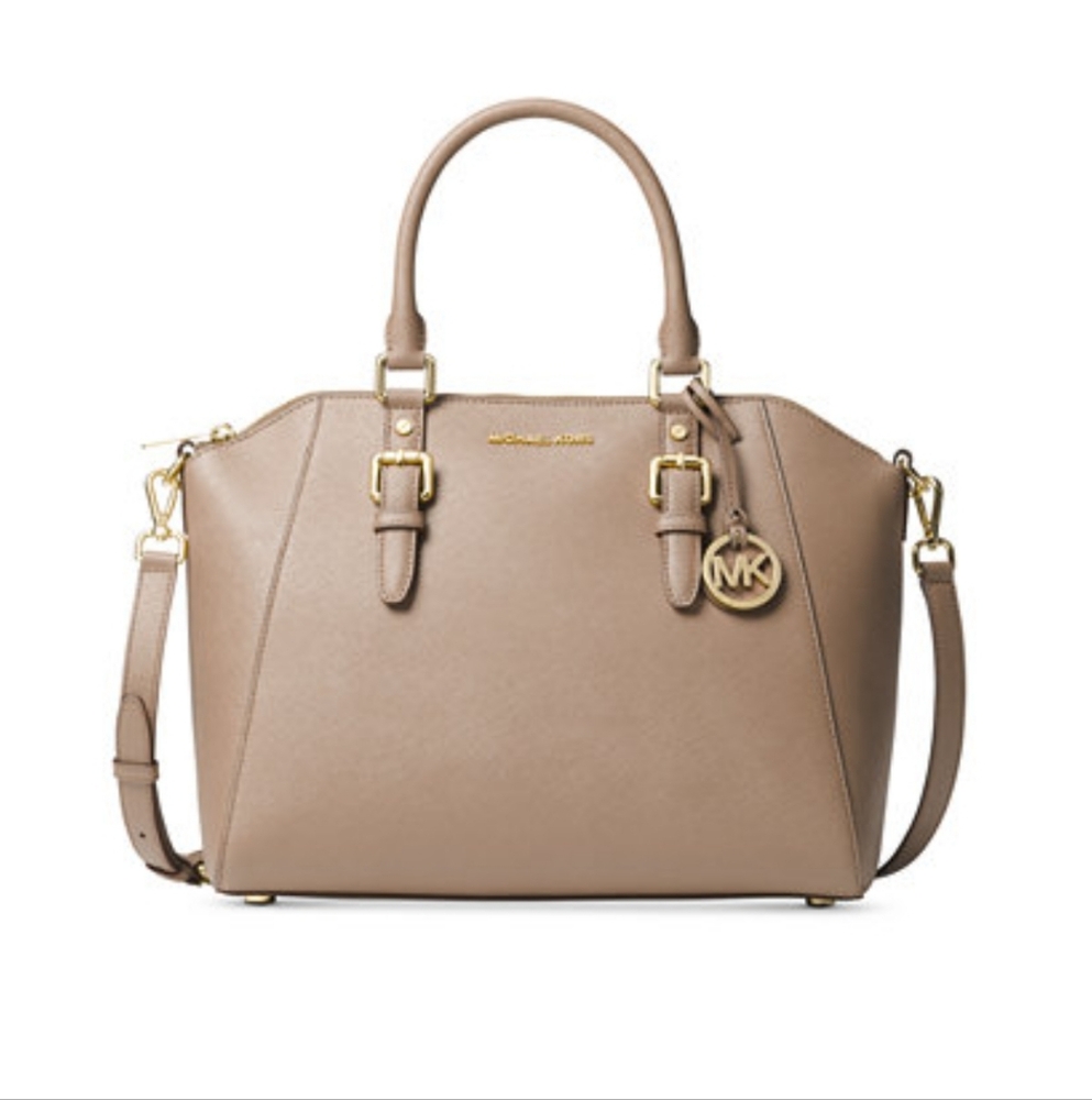 Michael Kors Ciara Taupe Tan Satchel Cross Body Handbag Purse Handles Buckles